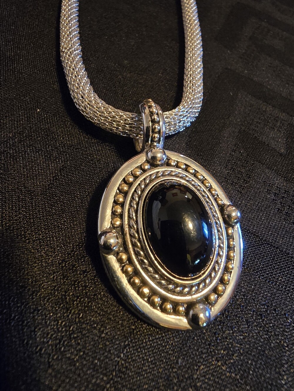 Silver-Tone Necklace with Black Stone Pendant